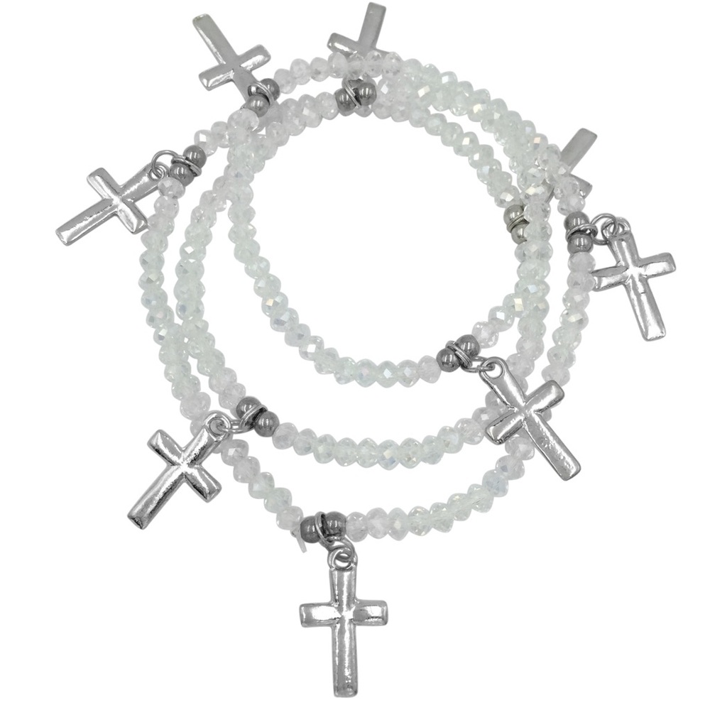 Clear Glass Stretch Wrap Silver Tone Cross Dangle Charms Bracelet or Necklace